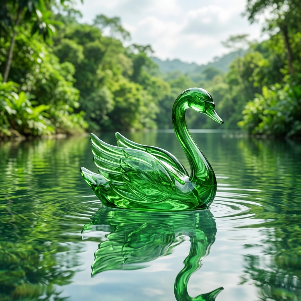 Stylized glass green swan floating on pristine clean water