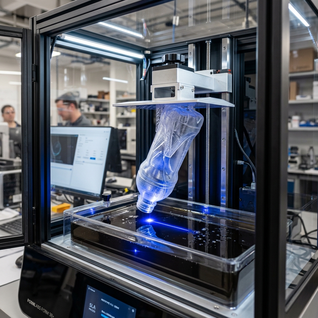 SLA 3D Printer printing a translucent plastic bottle