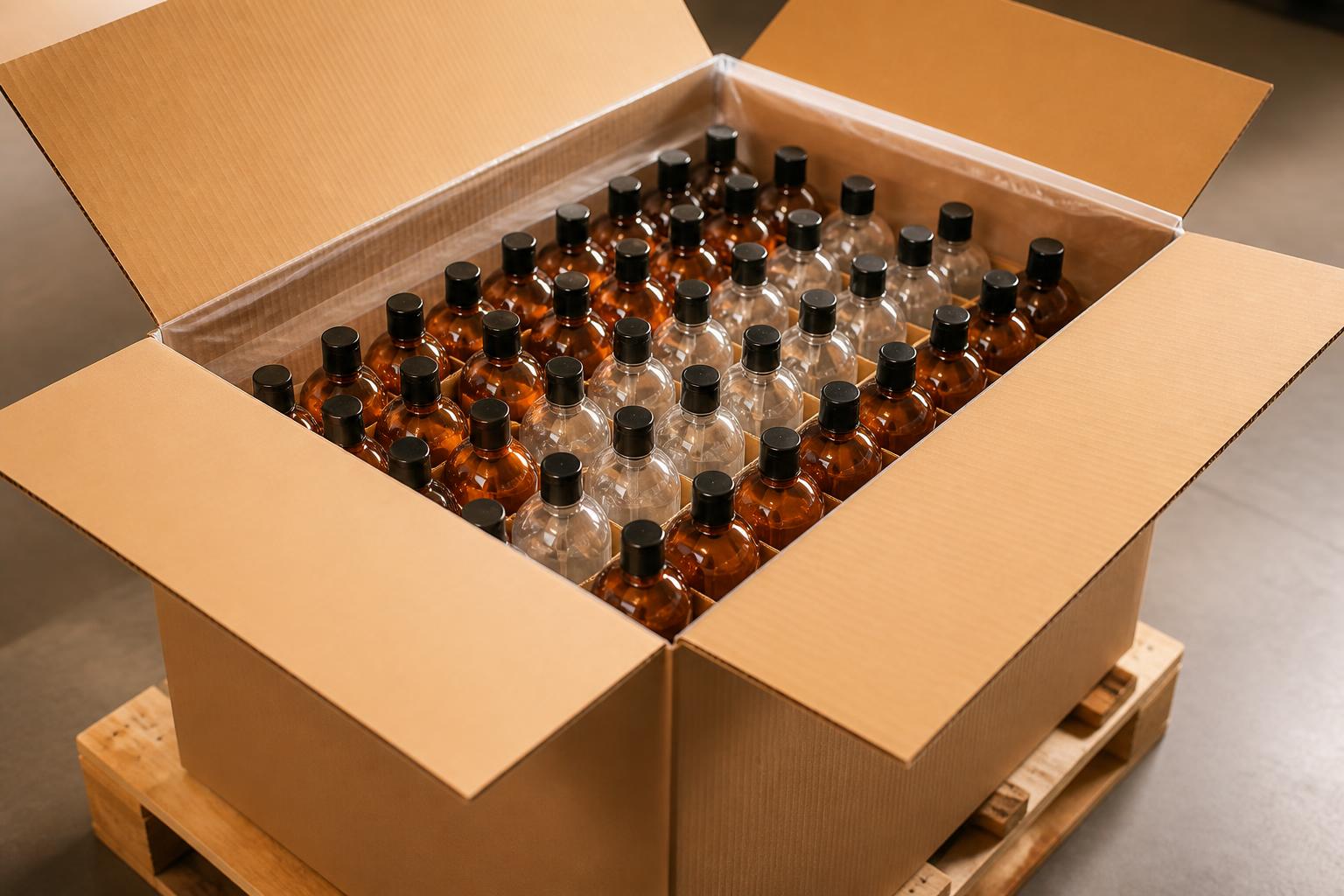 Layer Pack corrugated case with soldier-packed bottles in engineered layers